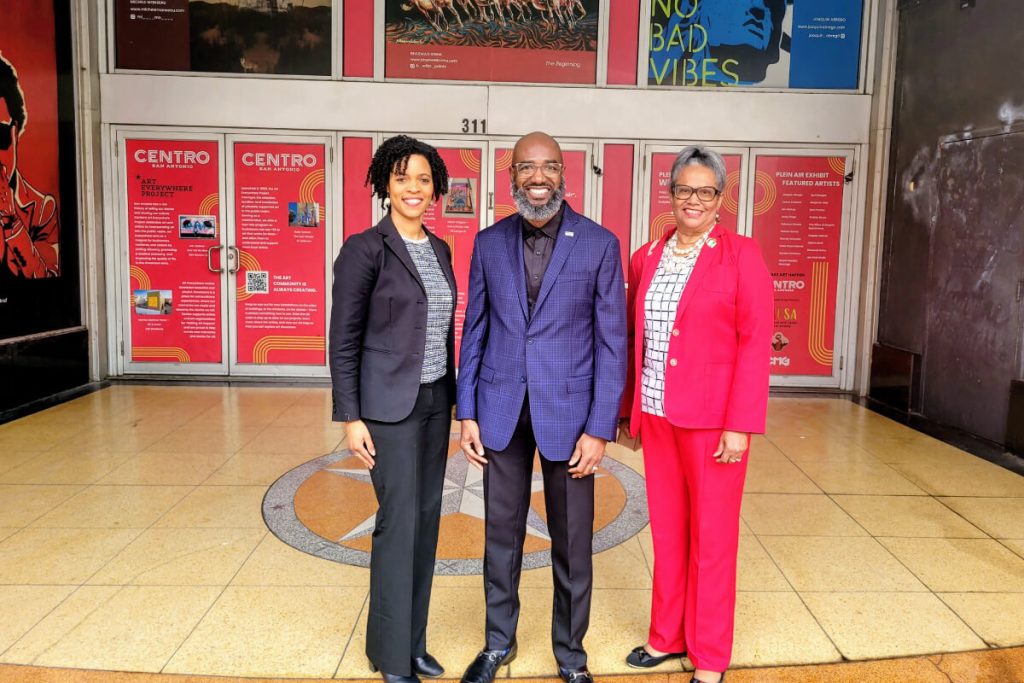 President J Maurice Gibbs and Founding Directors Tracy Watts and Sallie Frederick on the day SAAACAM obtained the keys to the Kress Department store building.
