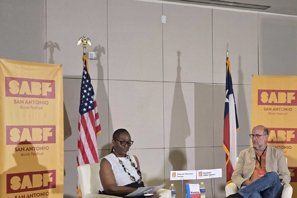 Deborah Jarmon, SAAACAM CEO moderating a discussion with scholar and author Dr. Ben Johnson at the San Antonio Book Festival.